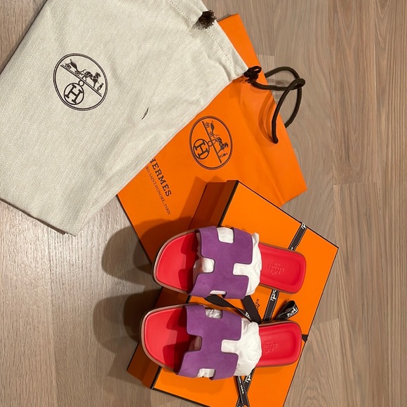 LBNIB AUTHENTIC HERMES Suede Purple & Hot Pink Orans SZ. 38.5 or 8.5 - Picture 4 of 14